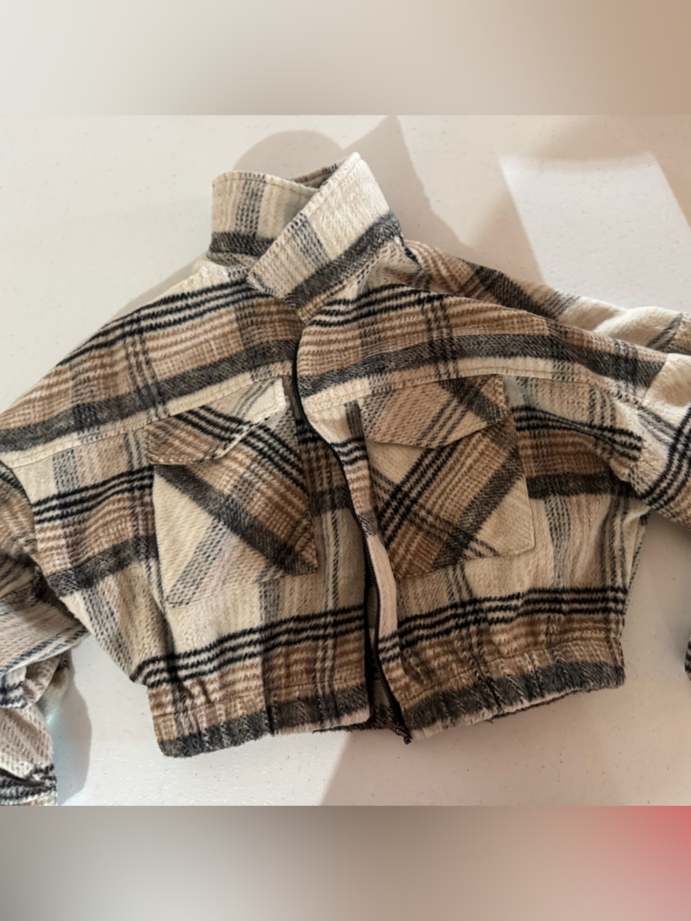 Cropped Plaid Shacket Jacket - Cream & Brown